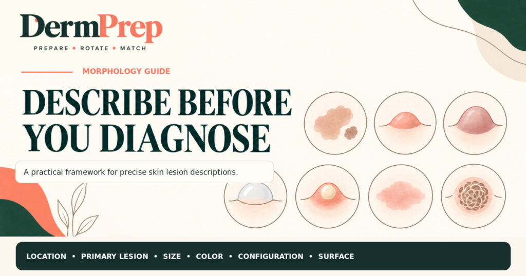 DermPrep morphology guide showing the steps for describing skin lesions before diagnosis