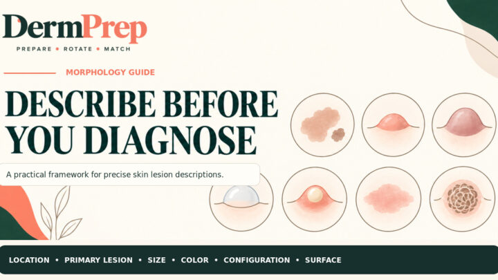DermPrep morphology guide showing the steps for describing skin lesions before diagnosis