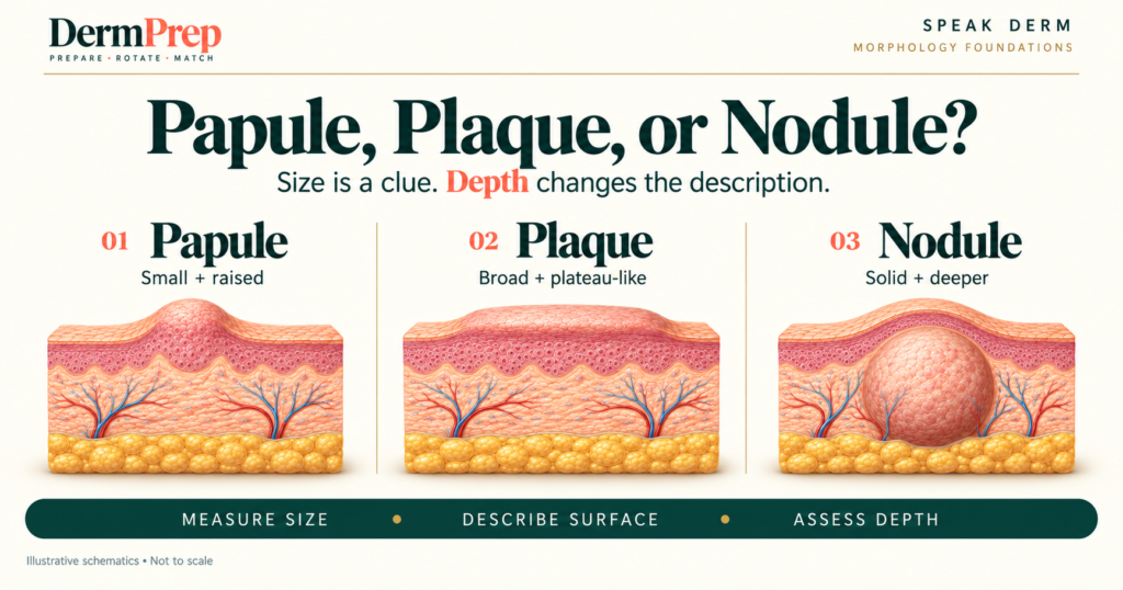 Skin cross-sections comparing a small raised papule, a broad plateau-like plaque, and a nodule extending deeper into the skin.