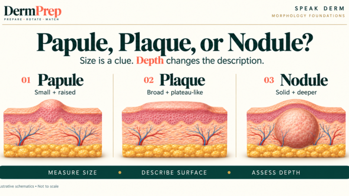 Skin cross-sections comparing a small raised papule, a broad plateau-like plaque, and a nodule extending deeper into the skin.